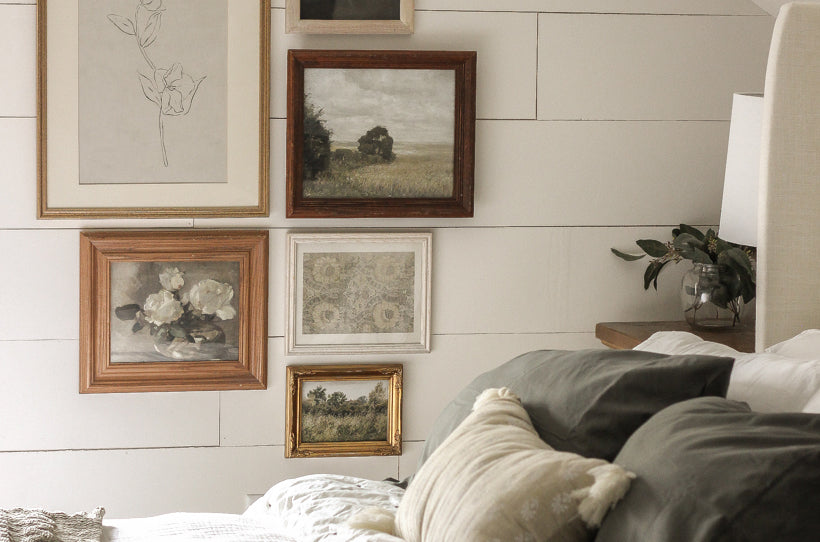 Gallery Wall in Bedroom using Vintage Art