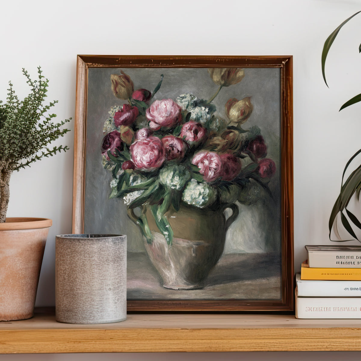 Vintage Print of Pink Peonies in Vase on a Bookshelf
